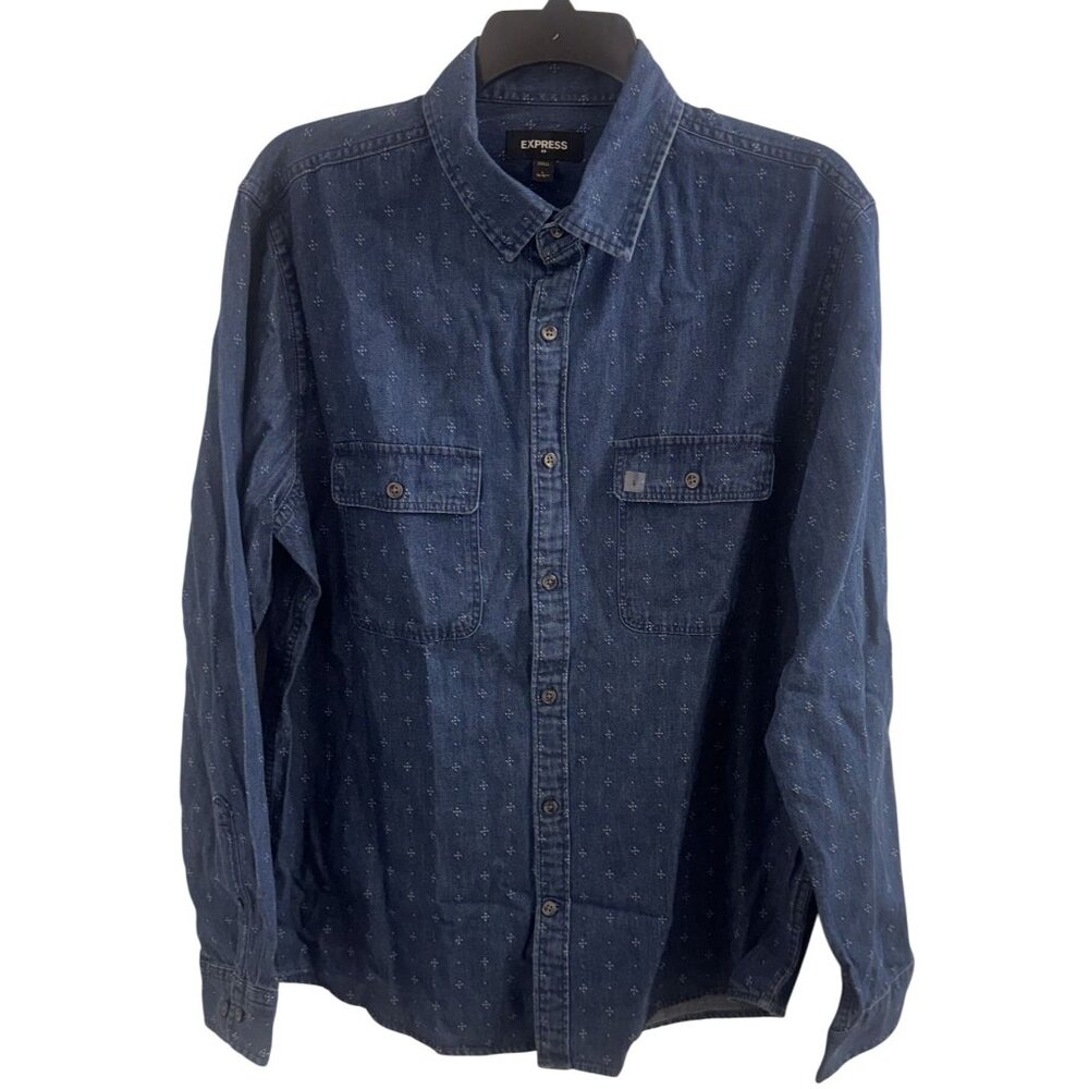 Express Demin Shirt Mens Large Poke Dots Long Sleeve